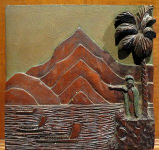Carved wooden placque on base of Franz Otremba's replica of Kamehameha statue I