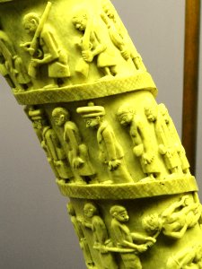 Carved tusk showing hardships of Europeaqn inland exploration, Kongo - African objects in the American Museum of Natural History - DSC06010