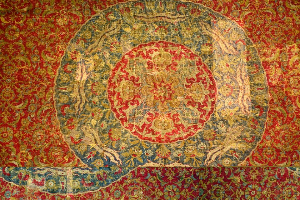 Carpet, Egypt, Cairo, Ottoman Empire, 1550-1600 AD, wool, view 2 - Textile Museum, George Washington University - DSC09813