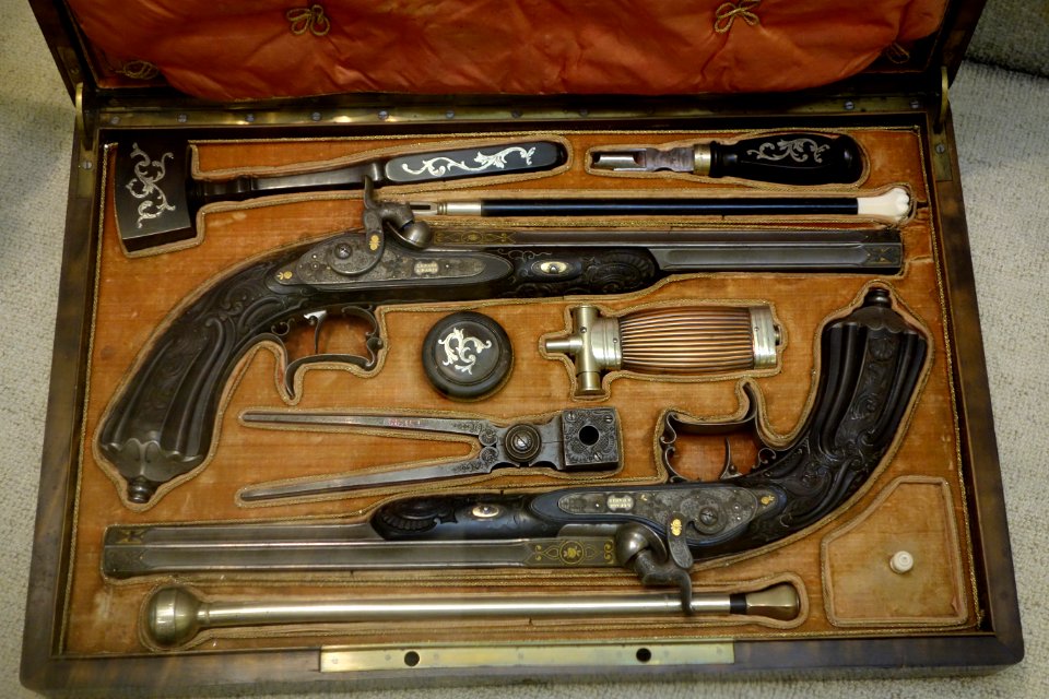 Cased Percussion Pistls, Moutier Le Page, active 1840-1865, Paris, France, gold and platinum floral decoration with ebony inlay - Huntington Museum of Art - DSC05496
