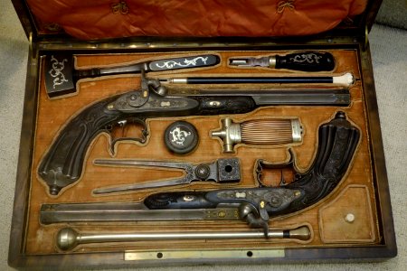 Cased Percussion Pistls, Moutier Le Page, active 1840-1865, Paris, France, gold and platinum floral decoration with ebony inlay - Huntington Museum of Art - DSC05496