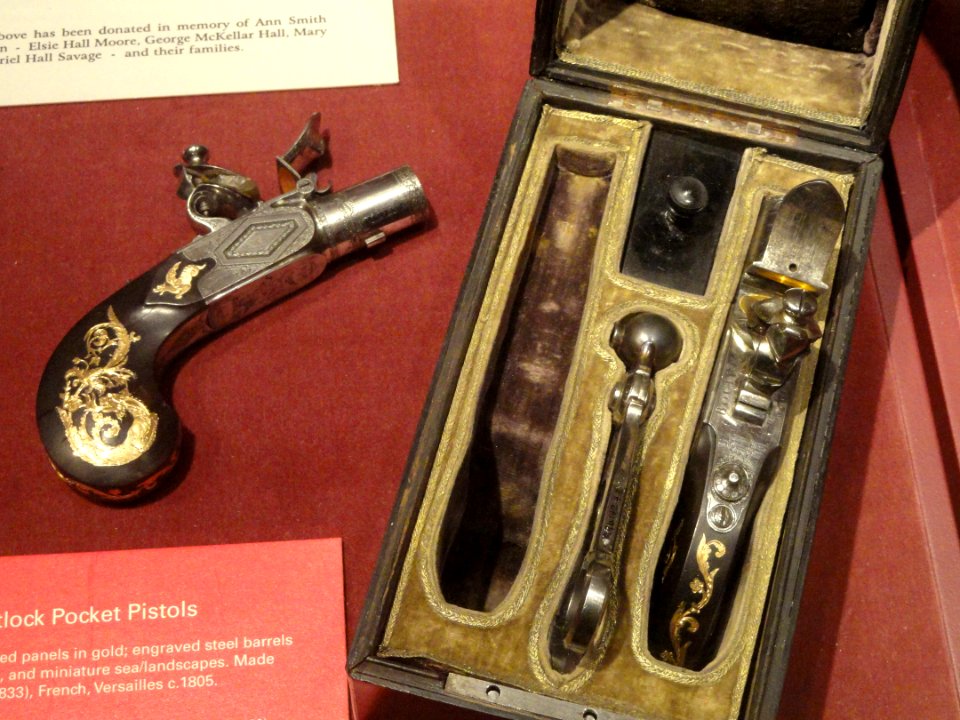 Cased box lock flintlock pocket pistols, Nicolas Noel Boutet, Versailles, c. 1805, ebony grips, engraved steel barrels - Royal Ontario Museum - DSC09482