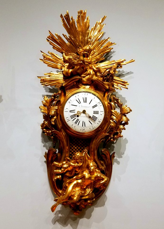 Cartel clock, attribued to Jean-Jacques Caffieri, movement by Antoine Cronier, Paris, mid 1700s, gilt bronze, enameled metal, glass - Museum of Fine Arts, Boston - 20180922 164238