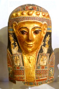 Cartonnage head cover, The Fayum, Egypt, EEF 1901-02, Roman Period, 1st century BC to 1st century AD, linen, gesso, pigment, gilt - Oriental Institute Museum, University of Chicago - DSC07814