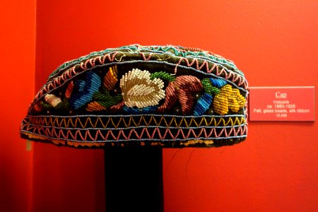 Cap, Iroquois, c. 1880-1925, felt, glass beads, silk ribbon - Fairbanks Museum and Planetarium - DSC04319
