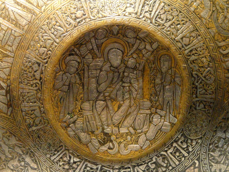 Canteen with Christian and Islamic motifs, probably northern Iraq, mid 13th century AD, brass inlaid with silver, view 3 - Freer Gallery of Art - DSC05401