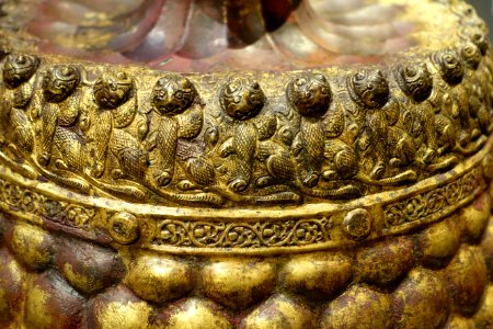 Candlestick, Eastern Iran, 12th century AD, embossed and repousse bronze, view 2 - Aga Khan Museum - Toronto, Canada - DSC06443