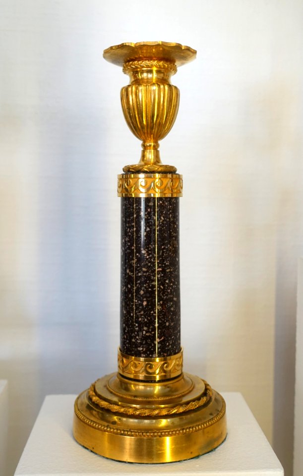 Candlestick, one of a pair, late Gustavian, Stockholm, c. 1800, Blyberg porphyry, gilt bronze - Nordiska museet - Stockholm, Sweden - DSC00012