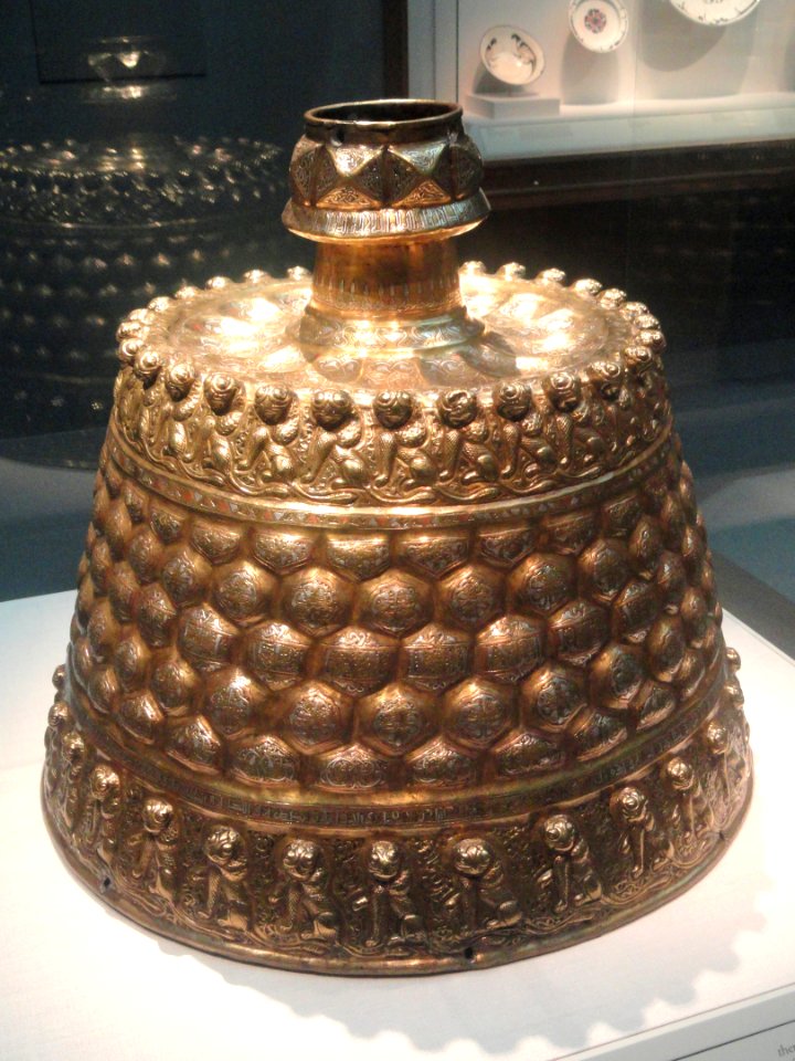 Candlestick, view 1, eastern Iran, 2nd half of 12th century AD, brass, hammered and chased, inlaid with copper, silver, and black organic material - Freer Gallery of Art - DSC05316
