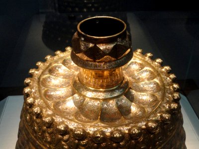 Candlestick, view 2, eastern Iran, 2nd half of 12th century AD, brass, hammered and chased, inlaid with copper, silver, and black organic material - Freer Gallery of Art - DSC05320