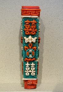 Candle with bats, coins, and characters for happiness, China, Qing dynasty, 1800s, oil or wax, pigment - Peabody Essex Museum - Salem, MA - DSC05127