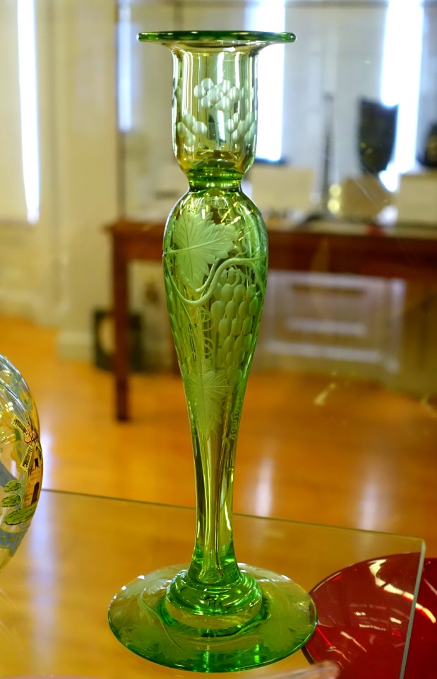Candlestick in the Grape and Cable pattern, Pairpoint Corporation, New Bedford, 1900-1915, glass - Old Colony History Museum - Taunton, Massachusetts - DSC03873