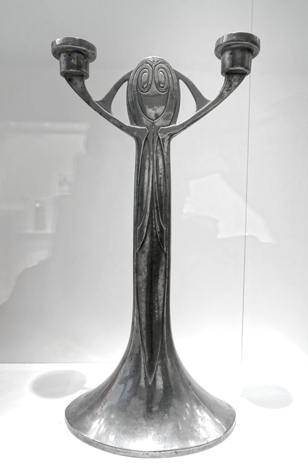 Candlestick, designer Joseph Maria Olbrich, Metallwarenfabrik Eduard Hueck, 1901-1903, pewter - Museum Künstlerkolonie Darmstadt - Mathildenhöhe - Darmstadt, Germany - DSC06302