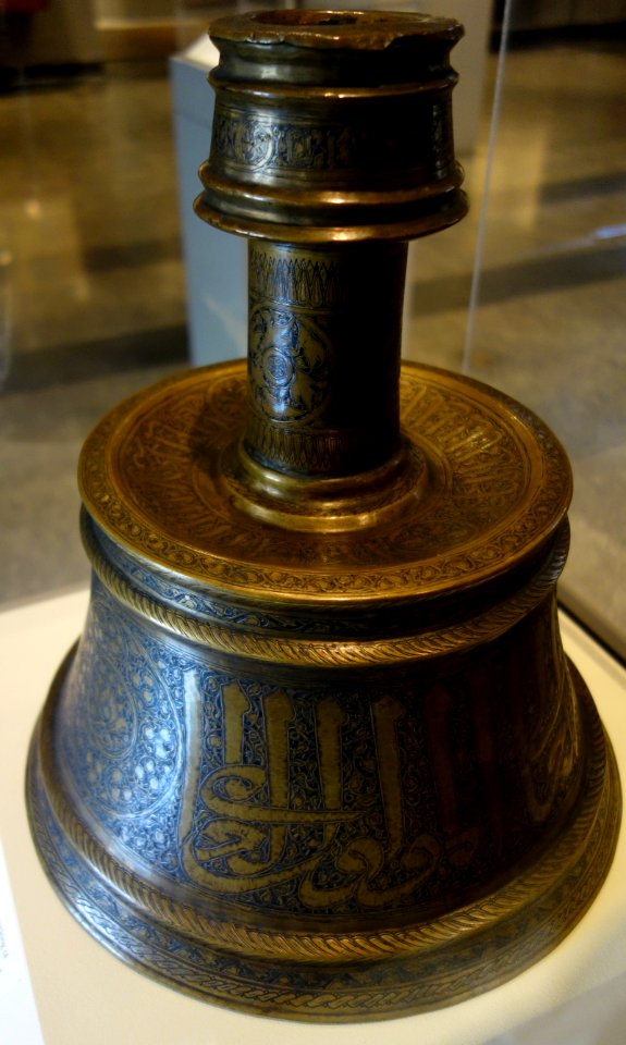 Candlestick, Egypt, Africa, Mamluk period, 14th century, engraved brass, originally inlaid with silver - Cincinnati Art Museum - DSC04192