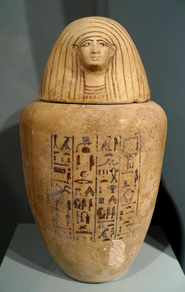 Canopic jar of Pa-Iynen, Egyptian, possibly Thebes, New Kingdom, 18th dynasty, 1550-1295 BC, ceramic - Middlebury College Museum of Art - Middlebury, VT - DSC08052