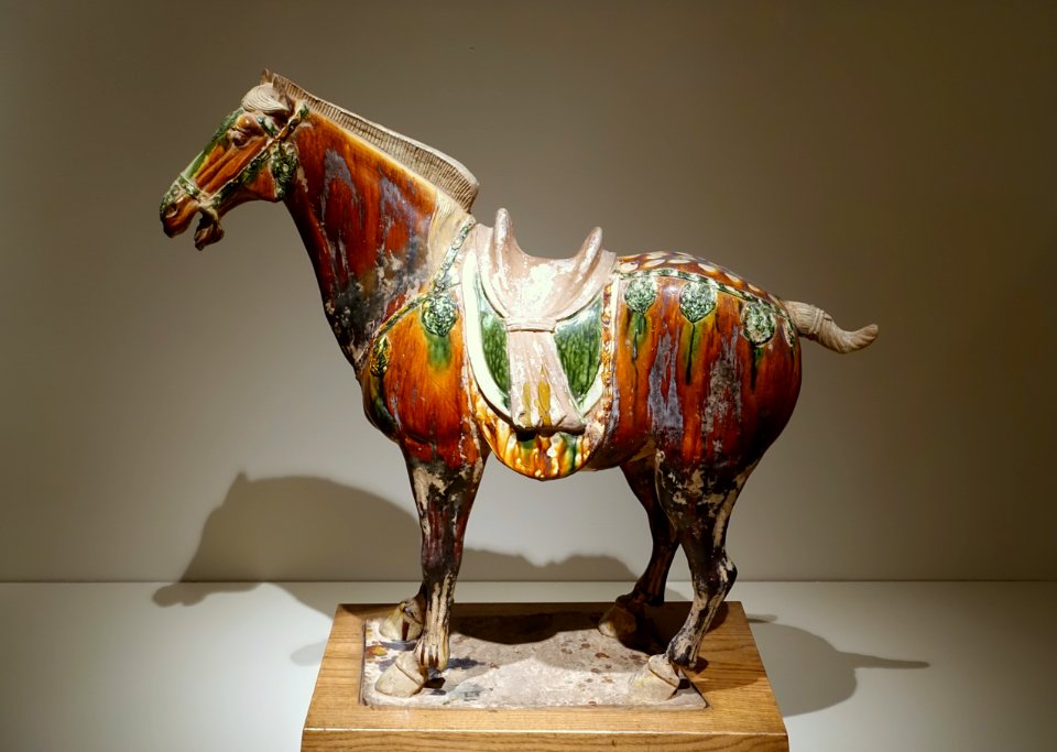 Caparisoned horse, Shaanxi or Henan province, China, Tang dynasty, 675-750 AD, earthenware with sancai glaze - Portland Art Museum - Portland, Oregon - DSC08396