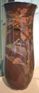 Cloisonné vase with design of praying mantis amid foliage by Hattori Tadasaburo photo