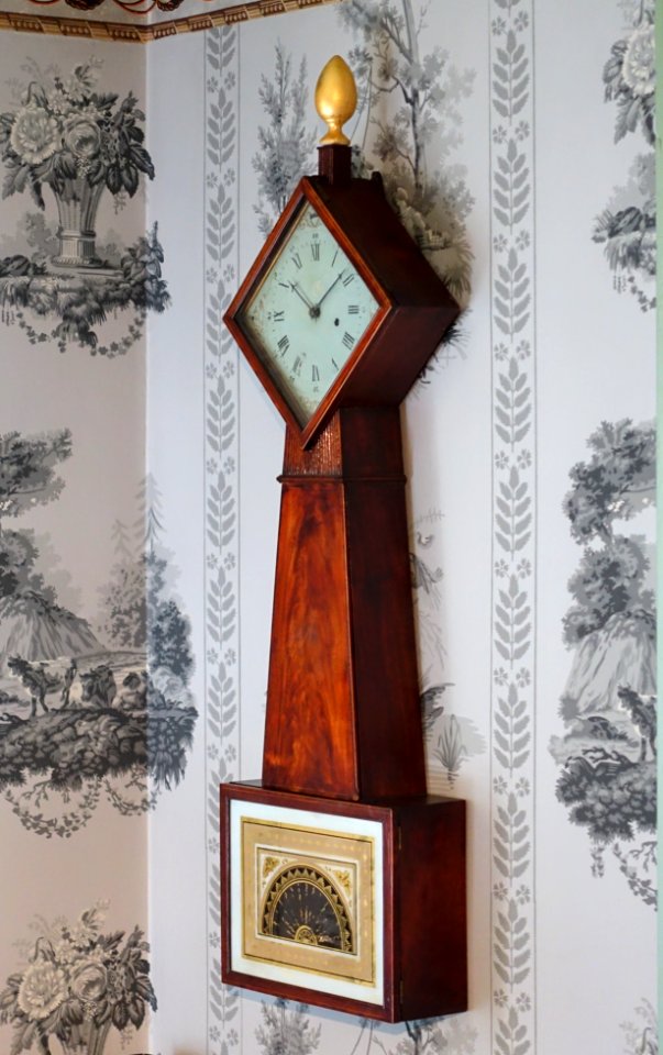 Clock, attributed to Aaron Willard Jr. shop, Boston, 1800-1810, mahogany, casuarina, pine, brass, steel, painted glass - Concord Museum - Concord, MA - DSC05711