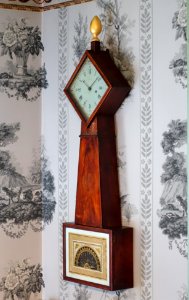 Clock, attributed to Aaron Willard Jr. shop, Boston, 1800-1810, mahogany, casuarina, pine, brass, steel, painted glass - Concord Museum - Concord, MA - DSC05711