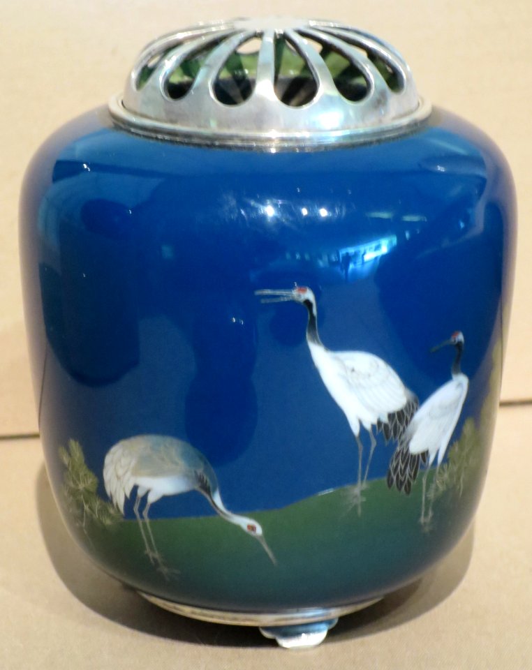 Cloisonné incense burner with design of cranes and pine by Namikawa Yasuyuki