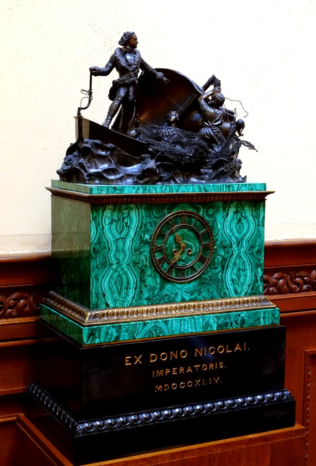 Clock, gift from the Tsar to the 6th Duke of Devonshire in 1844 - Oak Stairs, Chatsworth House - Derbyshire, England - DSC03389