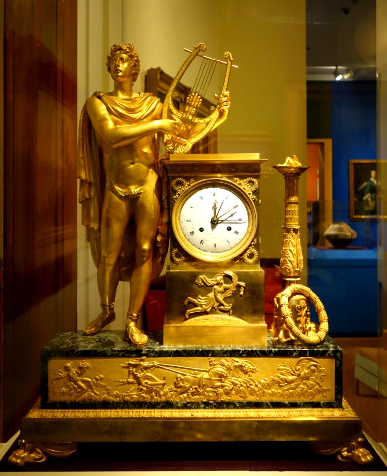 Clock with Apollo by Henri Voisin, presented by Napoleon to Robert Livingston to give to Robert Fulton, Paris, c. 1800, gilded bronze, marble, enamel - Brooklyn Museum - DSC09333