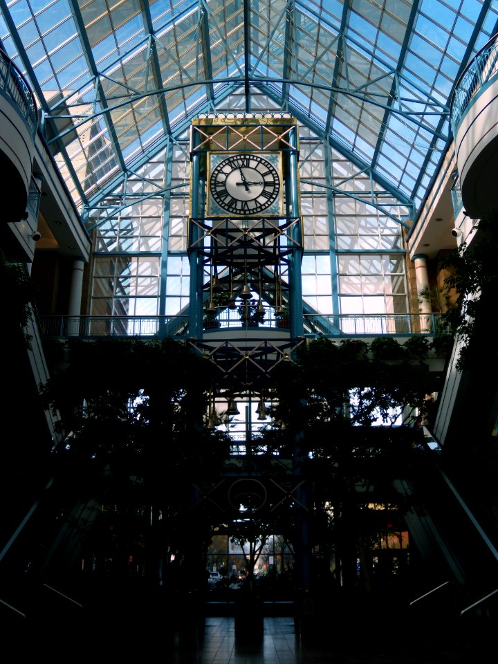 Clock in Portage Place shopping mall in downtown Winnipeg, Manitoba