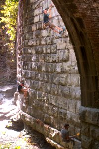Climbers cleaning the stone wall outside the Seldom Seen Arch, 2020-10-09, 01