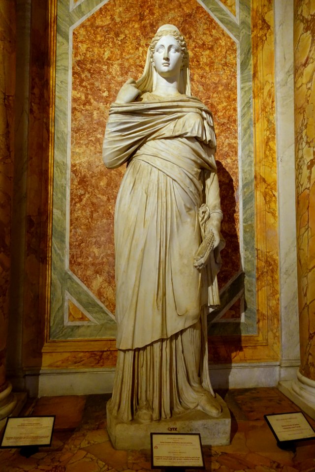 Cloaked female, Roman, 2nd century AD, with modern head, after a Hellenistic type of Piccola Ercolanese, 330-320 BC, marble - Galleria Borghese - Rome, Italy - DSC04767