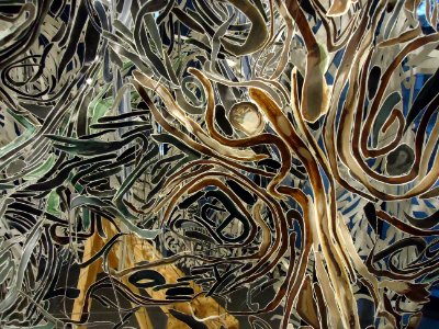 Closeup of sculpture by Mark Fox entitled Black Sawhorseman at Cantor Arts Center