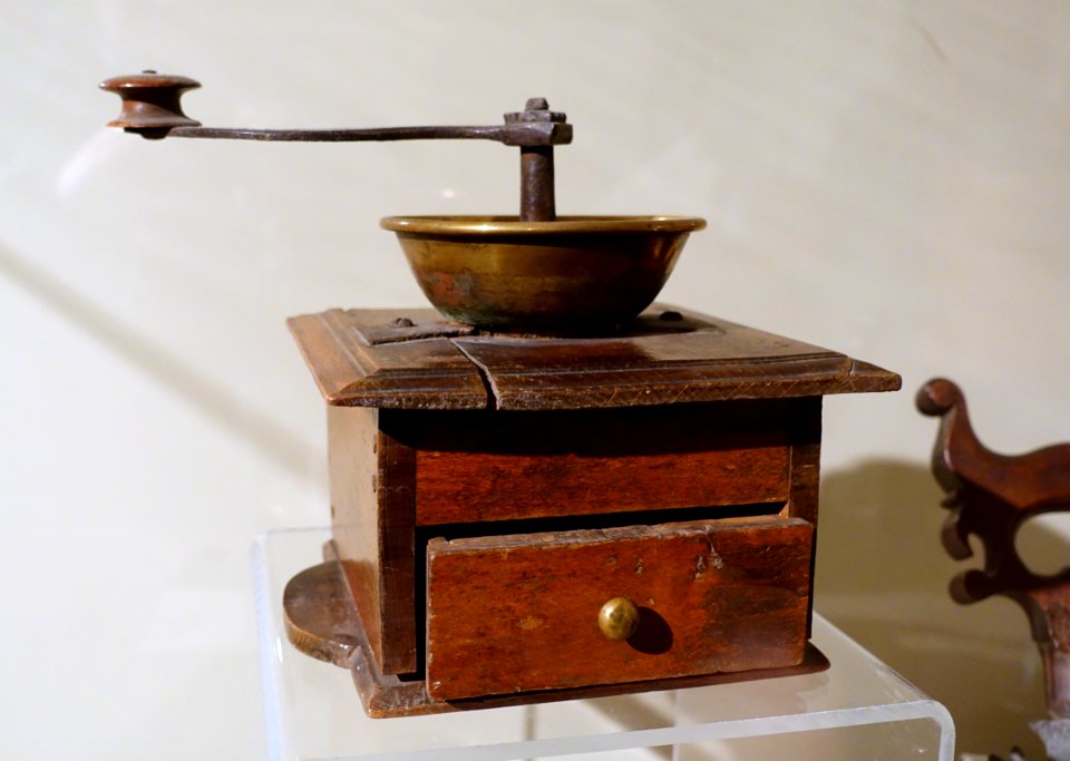 Coffee mill, England, 1700s, iron, brass, oak - Concord Museum - Concord, MA - DSC05800