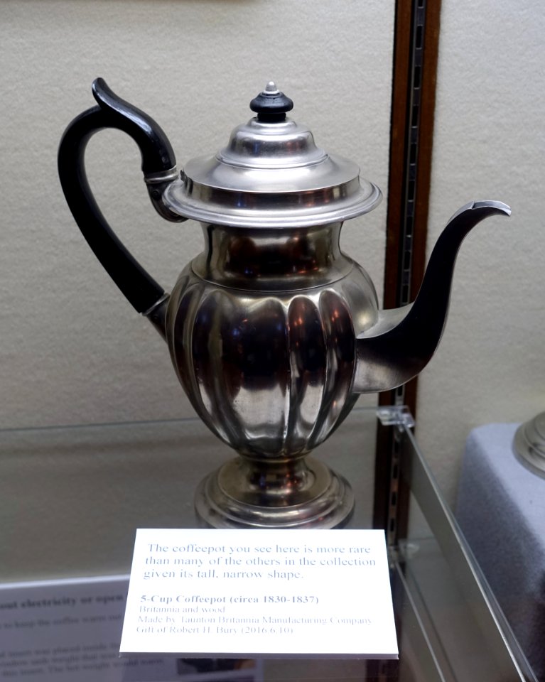 Coffeepot, 5-cup, by Taunton Britannia Manufacturing Company, c. 1830-1837, Britannia metal and wood - Old Colony History Museum - Taunton, Massachusetts - DSC03794