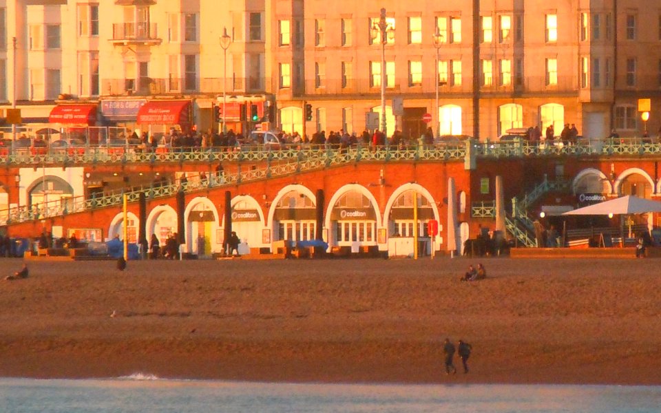 Coalition Nightclub, 171–181 King's Road Arches, Brighton (January 2017, seen from Palace Pier at sunset)