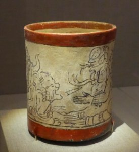 Codex-style vase with seated figure (old god emerging from the mouth of a serpent), Mexico or Guatemala, Maya, 600-800 AD, earthenware and pigment - De Young Museum - DSC00683