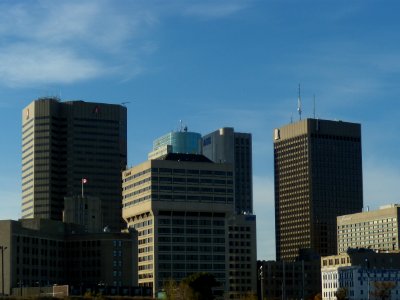 Cluster of buildings in downtown Winnipeg, Manitoba near Portage and Main