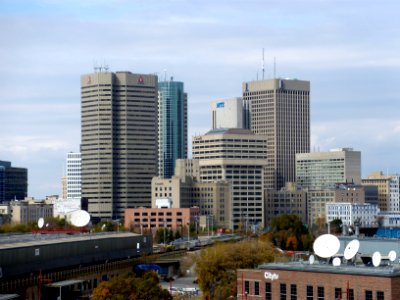 Cluster of downtown buildings as seen from the Forks, Winnipeg