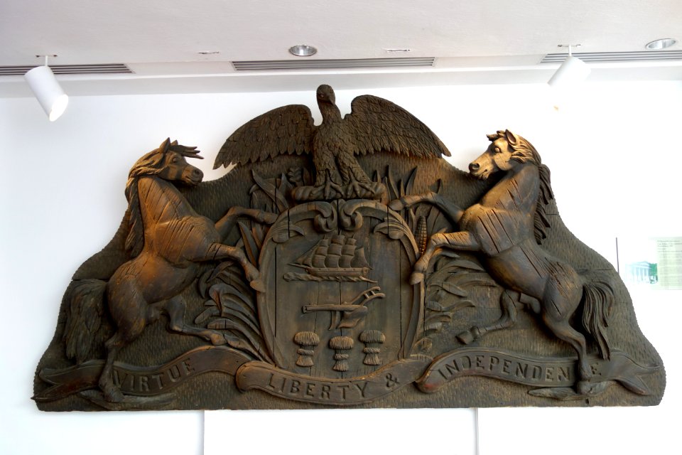Coat of Arms of the Commonwealth of Pennsylvania, by E. Omensetter, carved pine, 1861, from the pediment of the Dauphin County Court House, Harrisburg, PA - Brandywine River Museum - DSC01944
