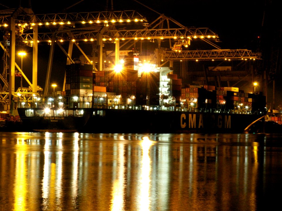 CMA CGM Bellini at night, at the Amazone harbour, Port of Rotterdam, Holland 11-Feb-2006