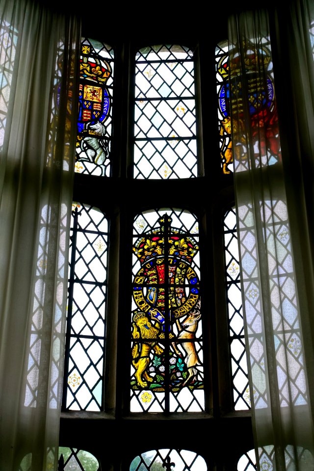 Coats of Arms of King Charles II, Queen Elizabeth I, and Queen Mary I, 1920-1930, Birmingham - Packwood House - Warwickshire, England - DSC08884