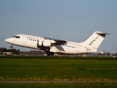 CityJet EI-RJN BAe 146 - Avro RJ takeoff from Polderbaan, Schiphol (AMS - EHAM) at sunset, pic2