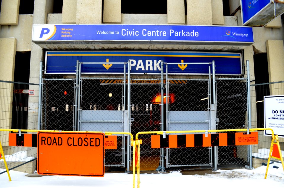 Civic Centre Parkade Entrance with barricades (Winnipeg, Manitoba)