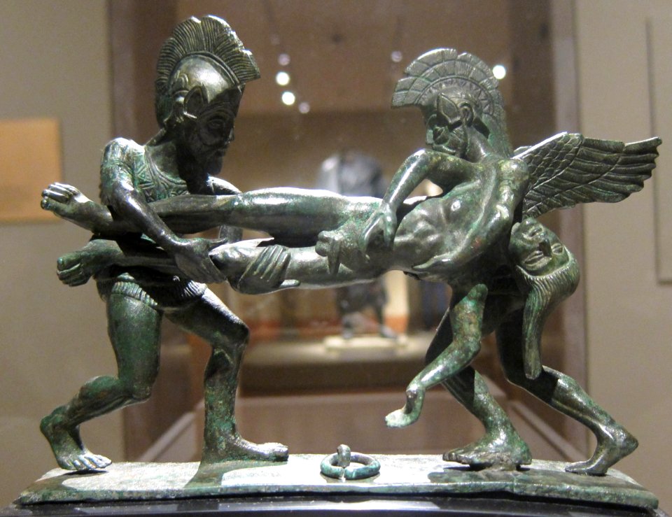 Cista handle, Sleep and Death Carrying off the Slain Sarpedon, 400-380 BCE