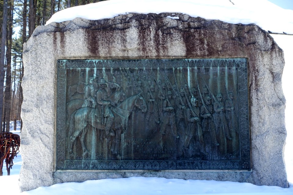 Civil War Memorial, relief by William Gordon Huff, depicting four officers including James Hicks Wallbridge, reviewing the 2nd Vermont Regiment - Bennington Museum - Bennington, VT - DSC08486