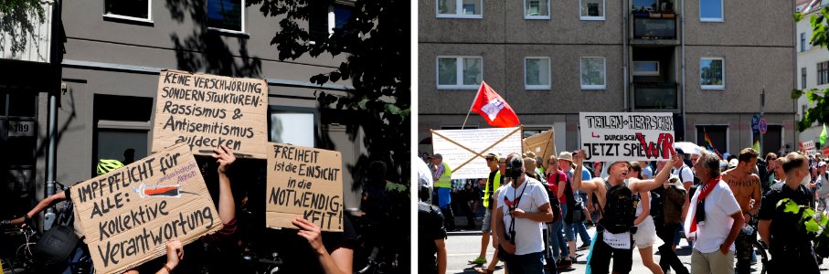 Collage Antifascist bicycle demonstration Berlin 2020-08-01 14 and Conspiracy theorist protest Berlin 2020-08-01 109