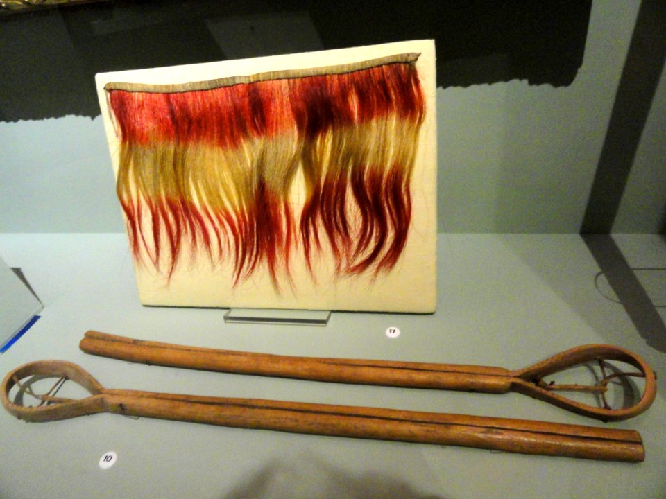 Collar (top), Choctaw, dyed horsehair, before 1828; ball sticks (Cherokee), collected on Qualla Reservation, 1907 - Native American collection - Peabody Museum, Harvard University - DSC05499