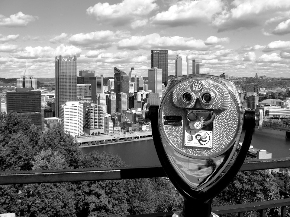 Coin-operated binoculars, Grandview Avenue, Mount Washington, Pittsburgh, 2020-10-08, 02, bw