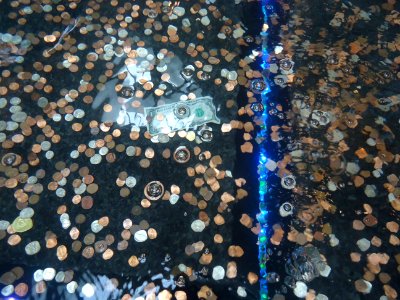 Coins and bills under a foot of water in water tank in mall in New Jersey
