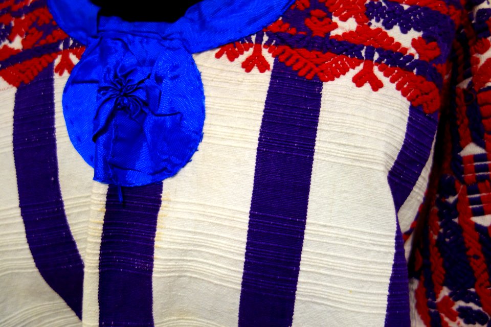 Cofradia huipil, Kaqchikel Maya, San Juan Sacatepequez, c. 1960s-1970s, view 2, cotton and synthetic - Textile Museum of Canada - DSC01104