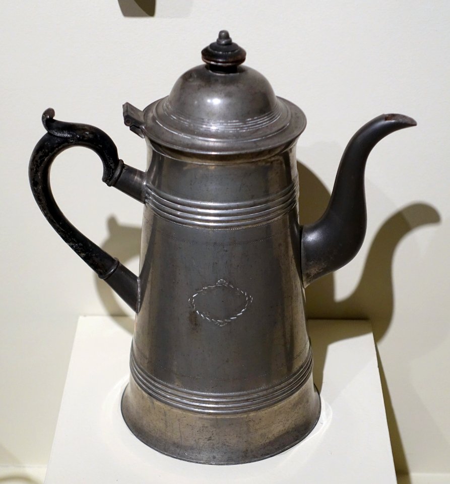 Coffee pot, Israel Trask 1786-1867, Beverly, Massachusetts, 1815-1830, Britannia metal, wood - Concord Museum - Concord, MA - DSC05830