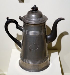 Coffee pot, Israel Trask 1786-1867, Beverly, Massachusetts, 1815-1830, Britannia metal, wood - Concord Museum - Concord, MA - DSC05830